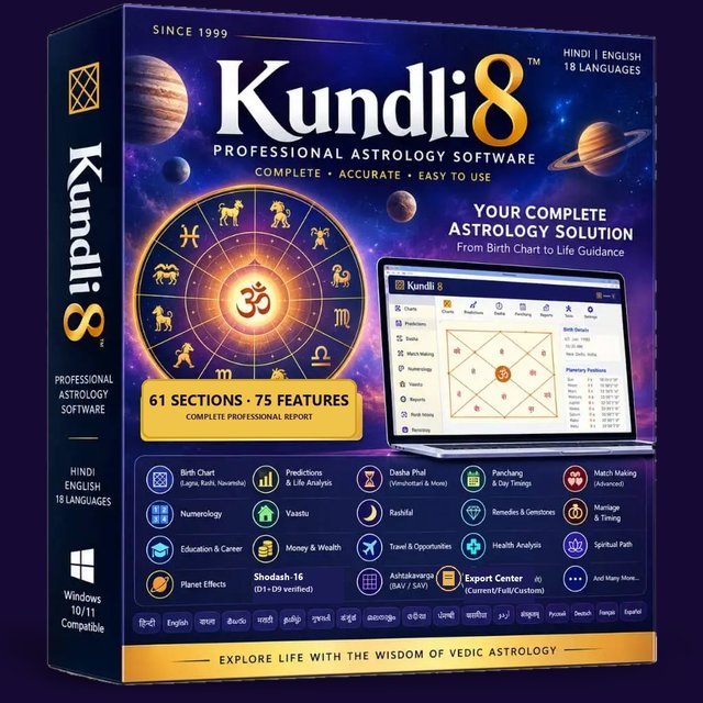 Kundli 8 — Professional Astrology Software · 61 sections · 75 features